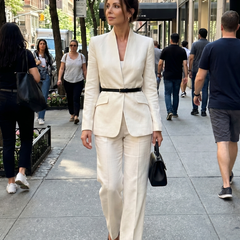 White Delta structured stand collar tailored suit by THE WHITMORE FAMILY, featuring a sleek fit and classic design.