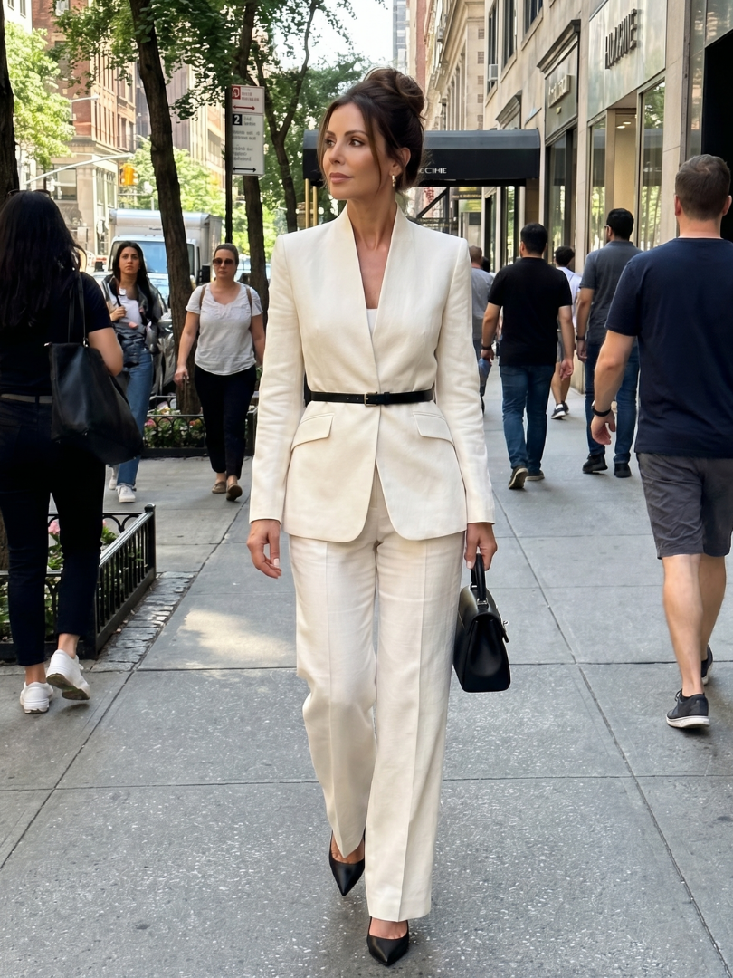 White Delta structured stand collar tailored suit by THE WHITMORE FAMILY, featuring a sleek fit and classic design.