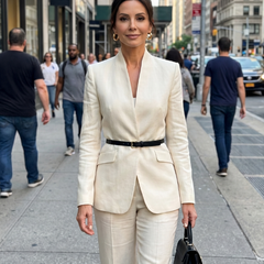 White Delta structured stand collar tailored suit by THE WHITMORE FAMILY, featuring a sleek, fitted design and classic lapel collar.
