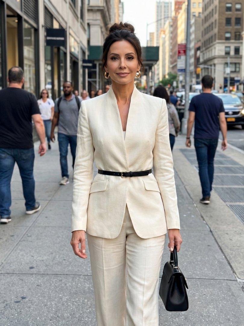 White Delta structured stand collar tailored suit by THE WHITMORE FAMILY, featuring a sleek, fitted design and classic lapel collar.