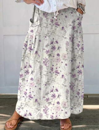 Eloisa vintage floral art elastic waistband pocket skirt by THE WHITMORE FAMILY, showcasing a lightweight, flowy design with pockets.