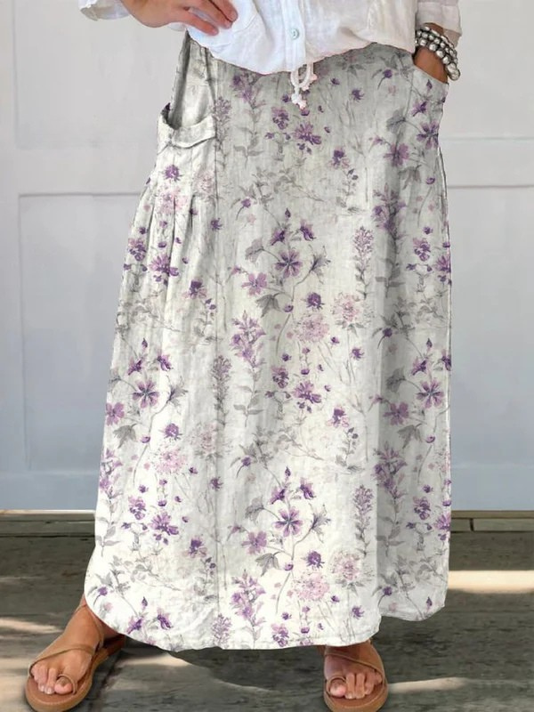 Eloisa vintage floral art elastic waistband pocket skirt by THE WHITMORE FAMILY, showcasing a lightweight, flowy design with pockets.