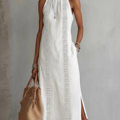 White Julie sleeveless midi dress by THE WHITMORE FAMILY featuring delicate lace details and a fitted silhouette.