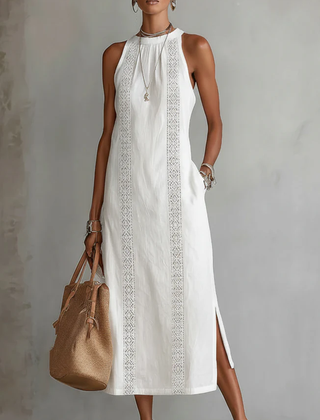 White Julie sleeveless midi dress by THE WHITMORE FAMILY featuring delicate lace details and a fitted silhouette.