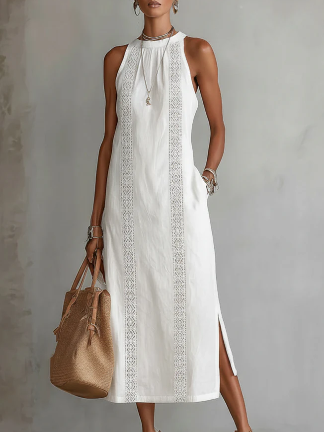 White Julie sleeveless midi dress by THE WHITMORE FAMILY featuring delicate lace details and a fitted silhouette.