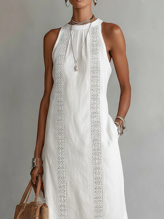 White sleeveless lace detail midi dress by THE WHITMORE FAMILY, Julie style, featuring elegant lace accents and a fitted silhouette.