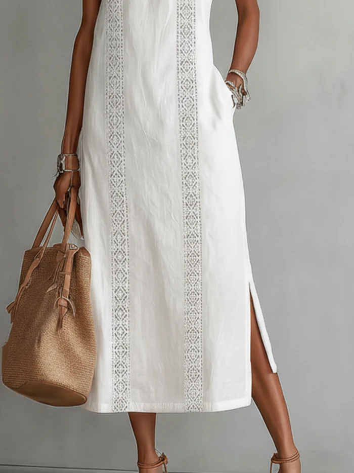 Julie sleeveless lace detail midi dress by THE WHITMORE FAMILY, elegant white dress with intricate lace accents.