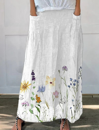 Kisha Watercolor Spring Meadows art printed elastic waistband pocket skirt by THE WHITMORE FAMILY, featuring floral watercolor design