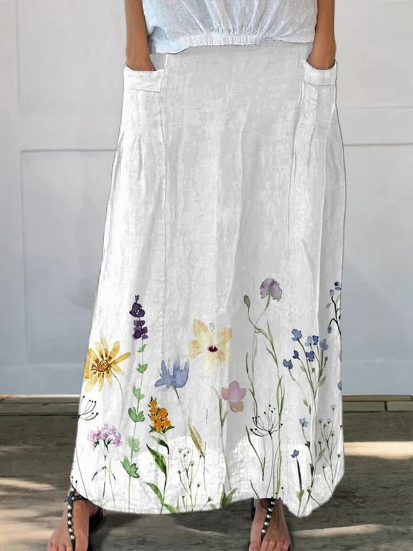 Kisha Watercolor Spring Meadows art printed elastic waistband pocket skirt by THE WHITMORE FAMILY, featuring floral watercolor design