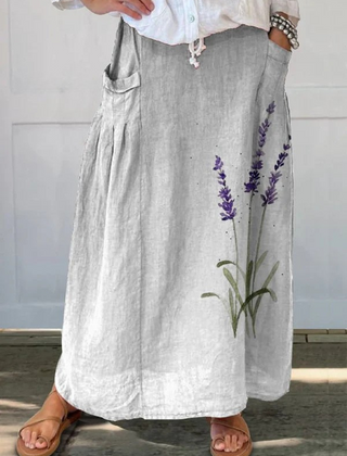 Marian watercolor lavender floral printed skirt with elastic waistband and pockets, by THE WHITMORE FAMILY.
