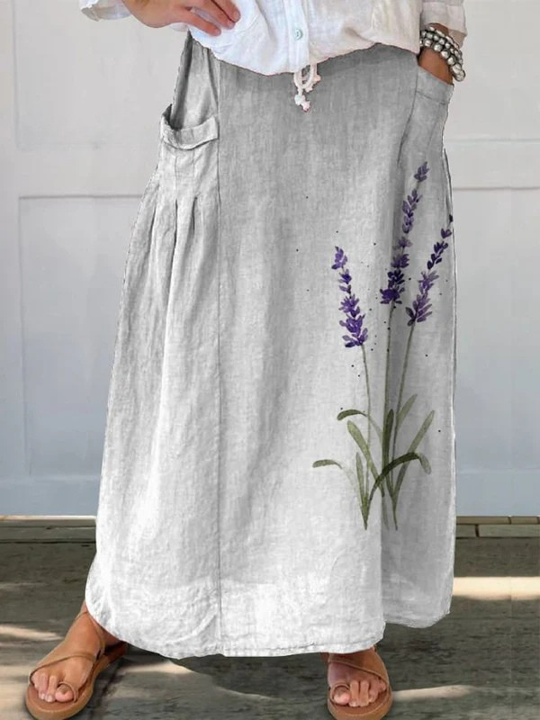 Marian watercolor lavender floral printed skirt with elastic waistband and pockets, by THE WHITMORE FAMILY.