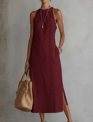 Heather sleeveless midi dress by THE WHITMORE FAMILY with lace detail in wine red, elegant and perfect for formal occasions.