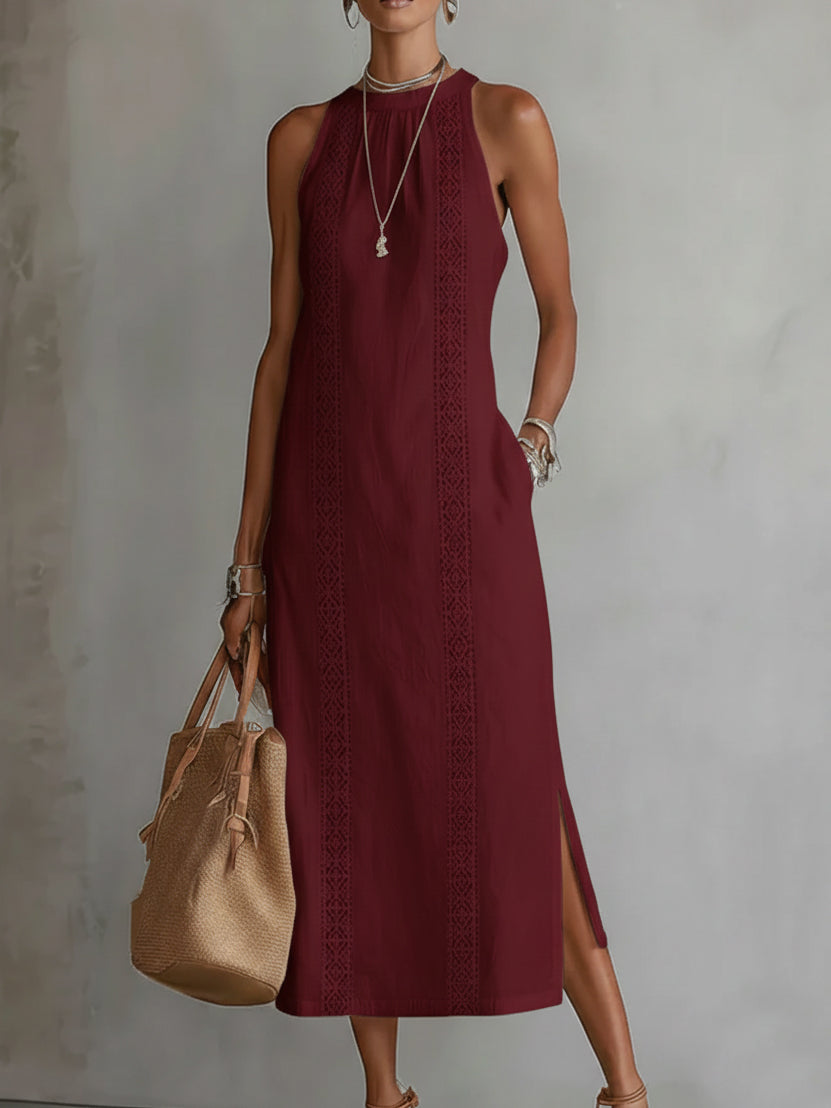 Heather sleeveless midi dress by THE WHITMORE FAMILY with lace detail in wine red, elegant and perfect for formal occasions.