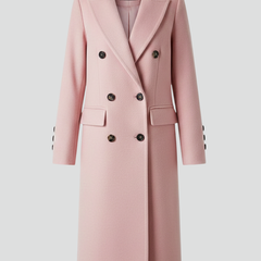 Beige women coat with lapel collar and button closure by THE WHITMORE FAMILY, shown on a mannequin.