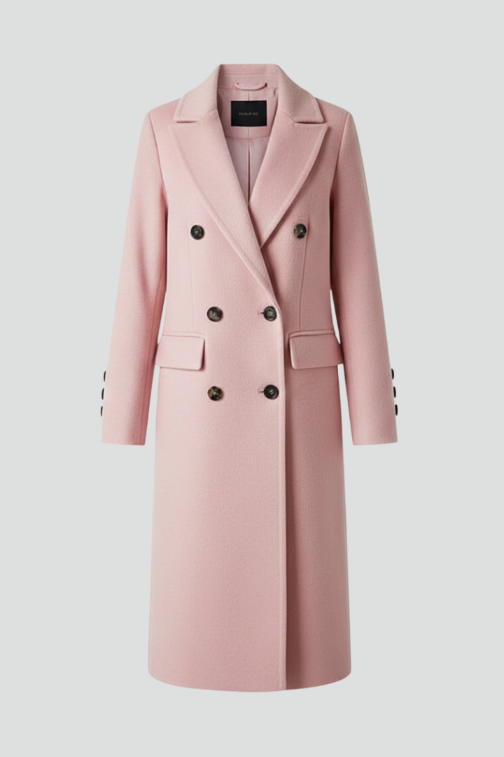 Beige women coat with lapel collar and button closure by THE WHITMORE FAMILY, shown on a mannequin.
