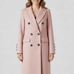 Beige women coat with lapel collar and button closure, stylish outerwear from THE WHITMORE FAMILY for a sophisticated look.