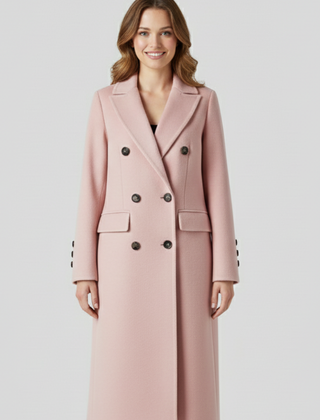 Beige women coat with lapel collar and button closure, stylish outerwear from THE WHITMORE FAMILY for a sophisticated look.