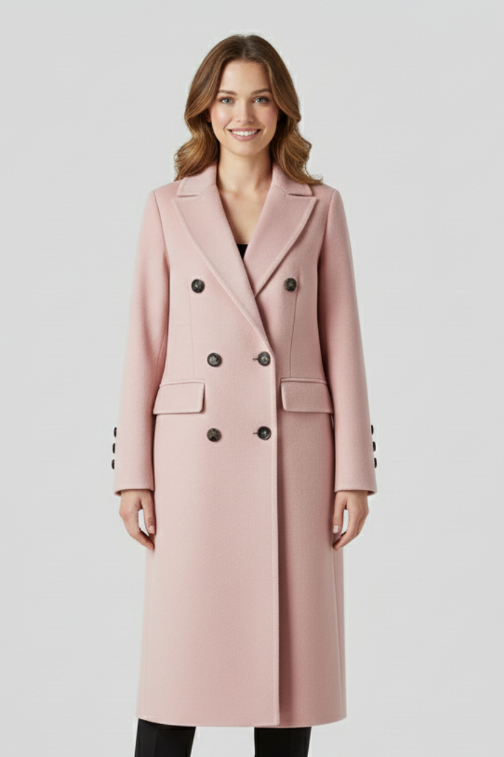 Beige women coat with lapel collar and button closure, stylish outerwear from THE WHITMORE FAMILY for a sophisticated look.