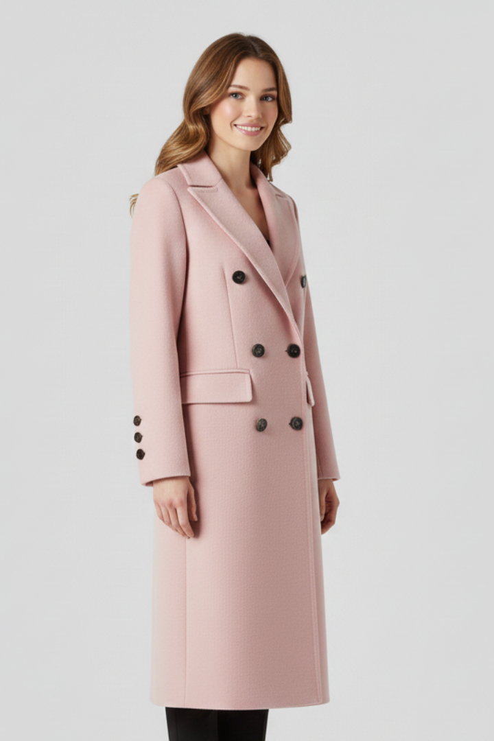 Beige women coat with lapel collar and button closure from THE WHITMORE FAMILY, showcasing a stylish outerwear design.