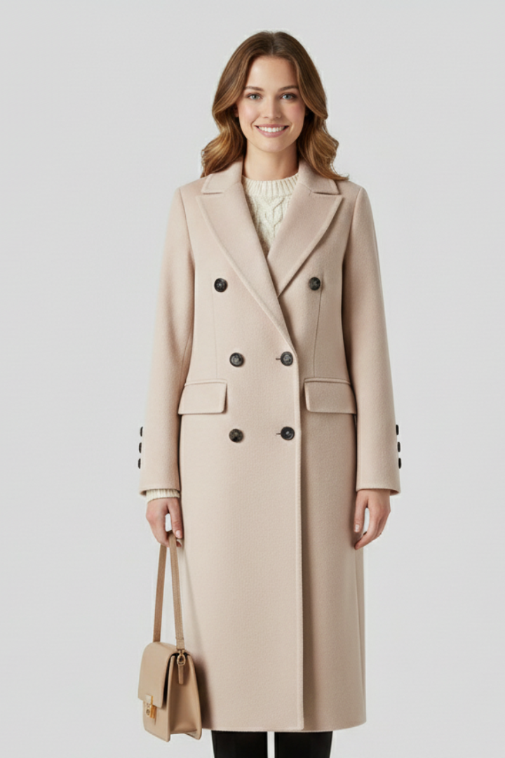 Beige women coat with lapel collar and button closure by THE WHITMORE FAMILY, displayed on a hanger.
