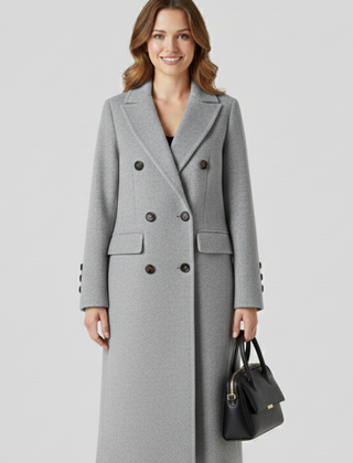 Beige women coat with lapel collar and button closure from THE WHITMORE FAMILY, shown on a model.