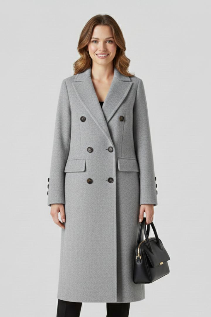 Beige women coat with lapel collar and button closure from THE WHITMORE FAMILY, shown on a model.