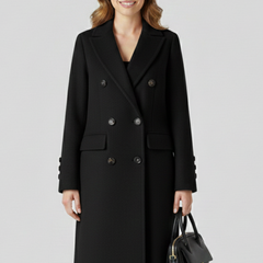 Women coat with lapel collar and button closure by THE WHITMORE FAMILY, beige color, stylish and tailored for a polished look.