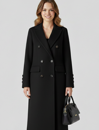 Women coat with lapel collar and button closure by THE WHITMORE FAMILY, beige color, stylish and tailored for a polished look.