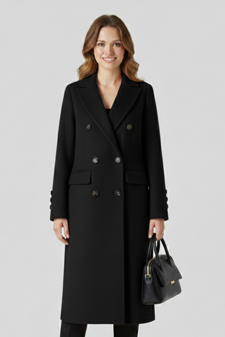 Women coat with lapel collar and button closure by THE WHITMORE FAMILY, beige color, stylish and tailored for a polished look.