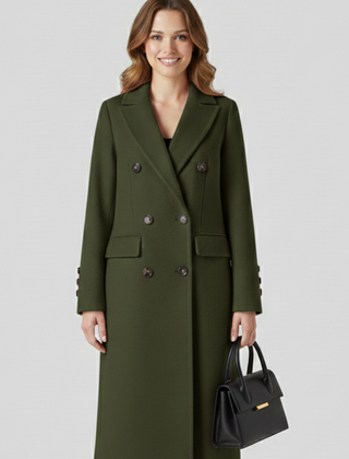 Beige women’s coat with lapel collar and button closure by THE WHITMORE FAMILY, shown on a model.