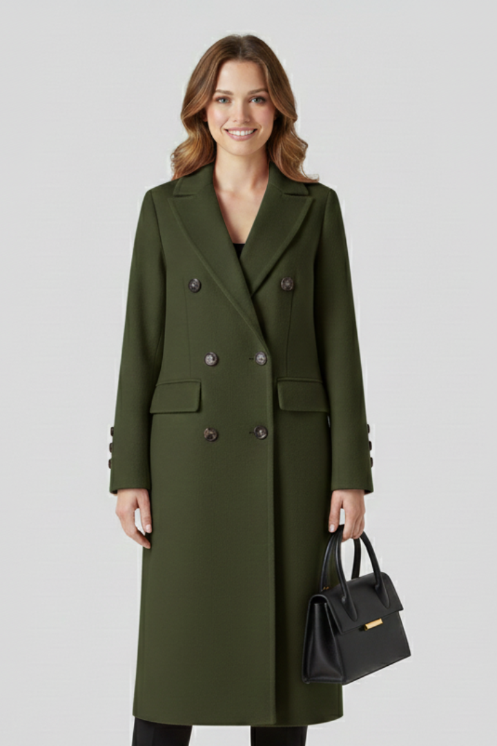 Beige women’s coat with lapel collar and button closure by THE WHITMORE FAMILY, shown on a model.