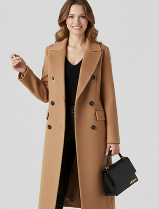 Beige women’s coat with lapel collar and button closure by THE WHITMORE FAMILY, featuring a stylish and tailored design.