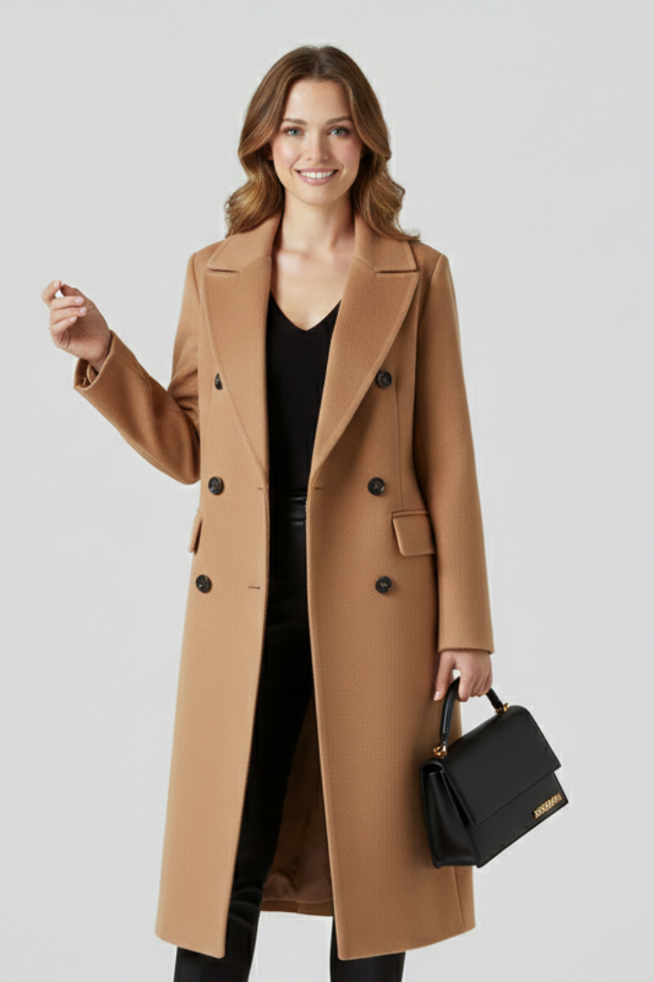Beige women’s coat with lapel collar and button closure by THE WHITMORE FAMILY, featuring a stylish and tailored design.