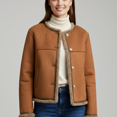 Brown women’s jacket by THE WHITMORE FAMILY featuring button closure and decorative trim edging.