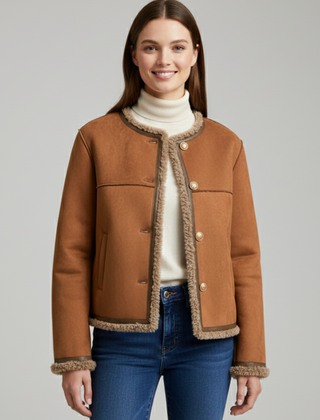 Brown women’s jacket by THE WHITMORE FAMILY featuring button closure and decorative trim edging.