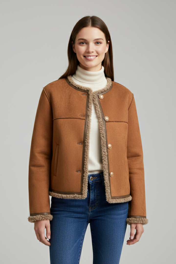 Brown women’s jacket by THE WHITMORE FAMILY featuring button closure and decorative trim edging.