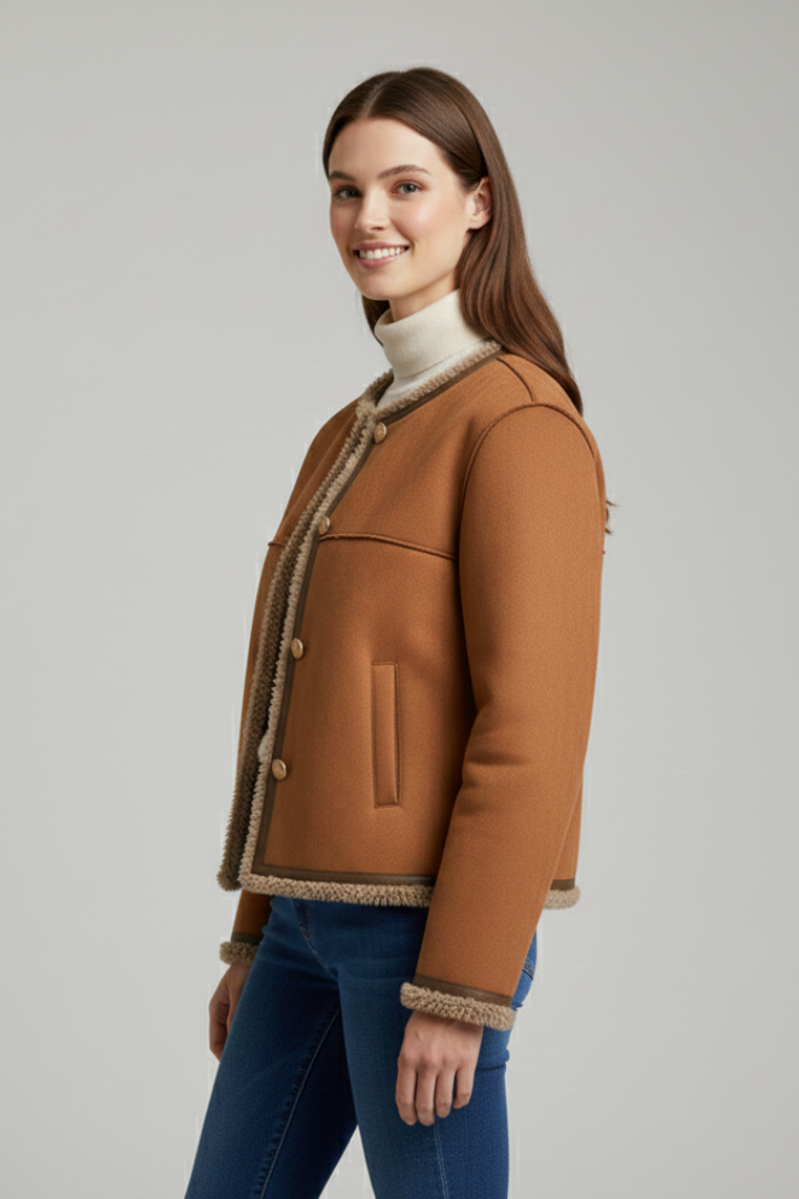 Women’s brown jacket by THE WHITMORE FAMILY with button closure and stylish trim edging.