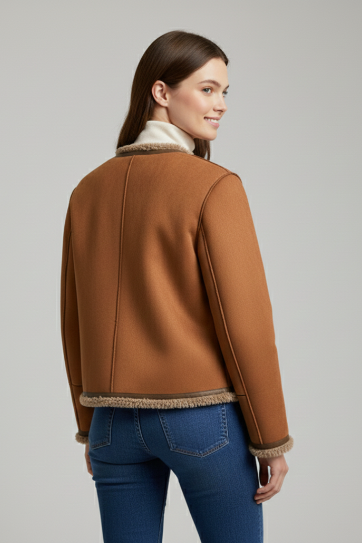 Women’s brown jacket by THE WHITMORE FAMILY with button closure and trim edging, featuring a stylish and fitted design.