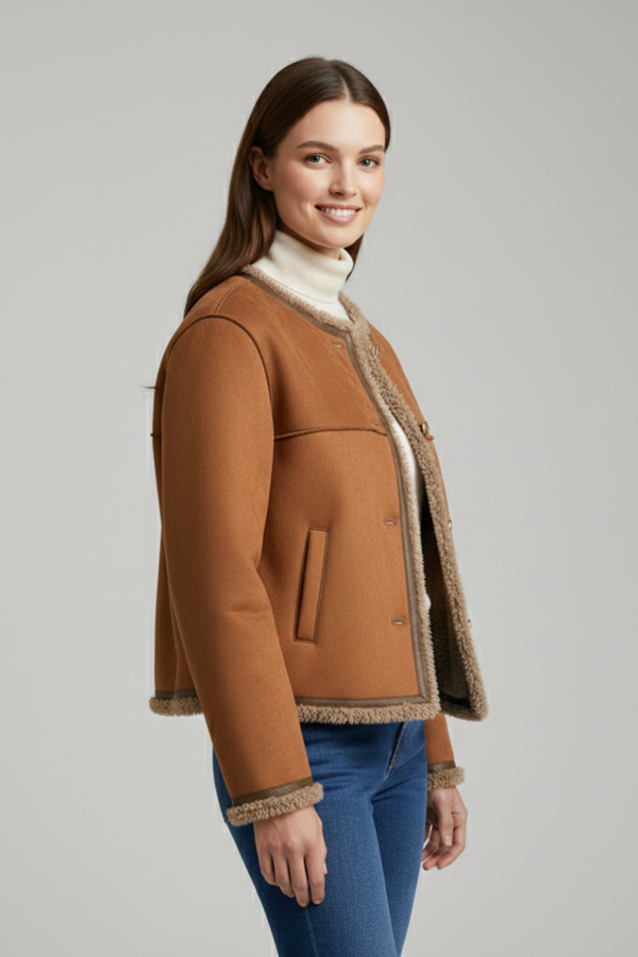 Women’s brown jacket by THE WHITMORE FAMILY with button closure and trim edging, shown on a model.