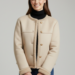 Women’s brown jacket by THE WHITMORE FAMILY featuring button closure and trim edging, stylish and comfortable outerwear.