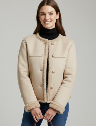 Women’s brown jacket by THE WHITMORE FAMILY featuring button closure and trim edging, stylish and comfortable outerwear.