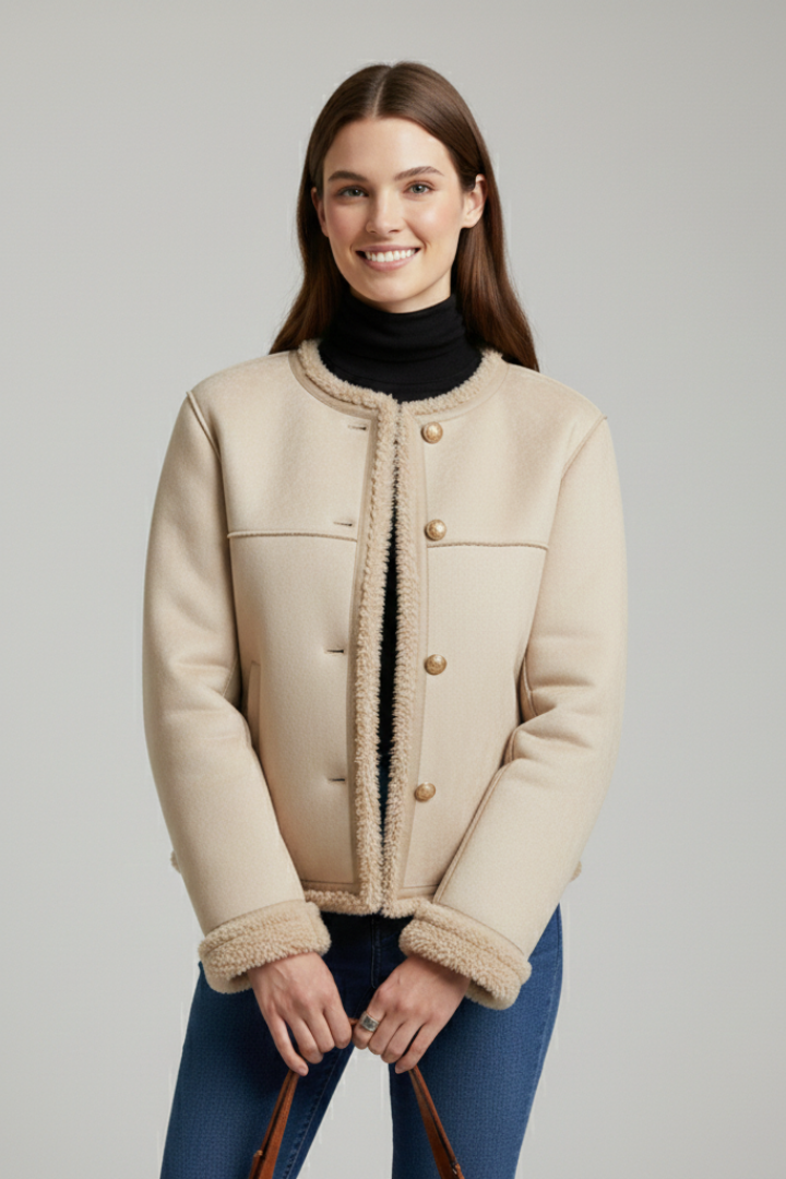 Women’s brown jacket by THE WHITMORE FAMILY featuring button closure and trim edging, stylish and comfortable outerwear.