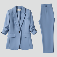 Women’s blazer set with notched lapel and straight-leg trousers, stylish formal outfit by THE WHITMORE FAMILY.