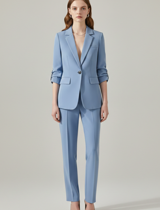 Women’s blazer set with notched lapel and straight-leg trousers, stylish and tailored by THE WHITMORE FAMILY