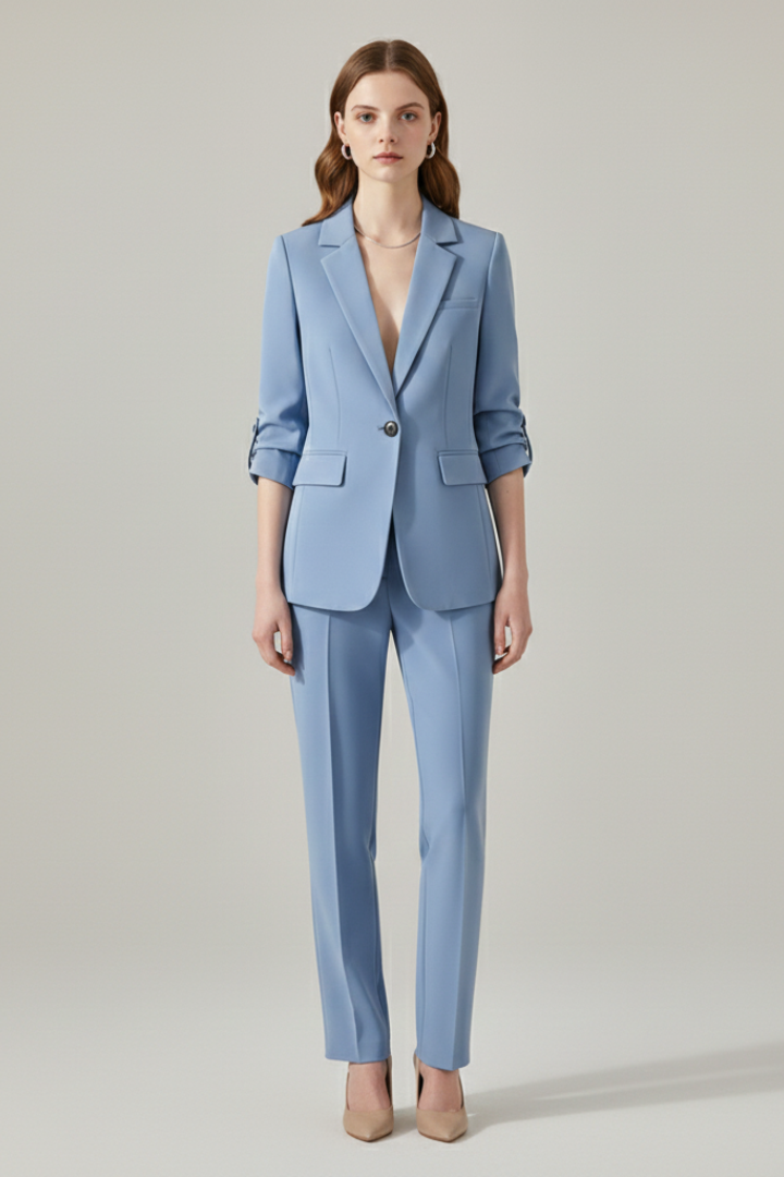 Women’s blazer set with notched lapel and straight-leg trousers, stylish and tailored by THE WHITMORE FAMILY