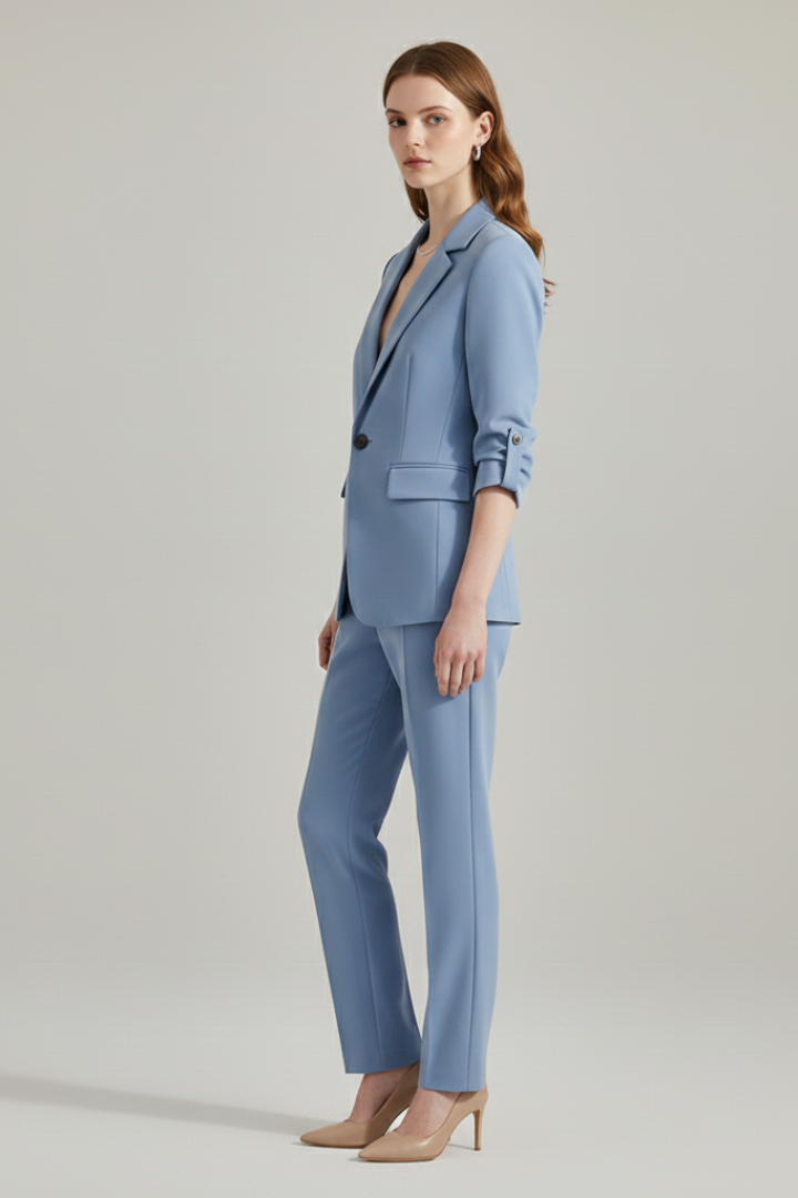 Women’s blazer set with notched lapel and straight-leg trousers, stylish formal wear by THE WHITMORE FAMILY.