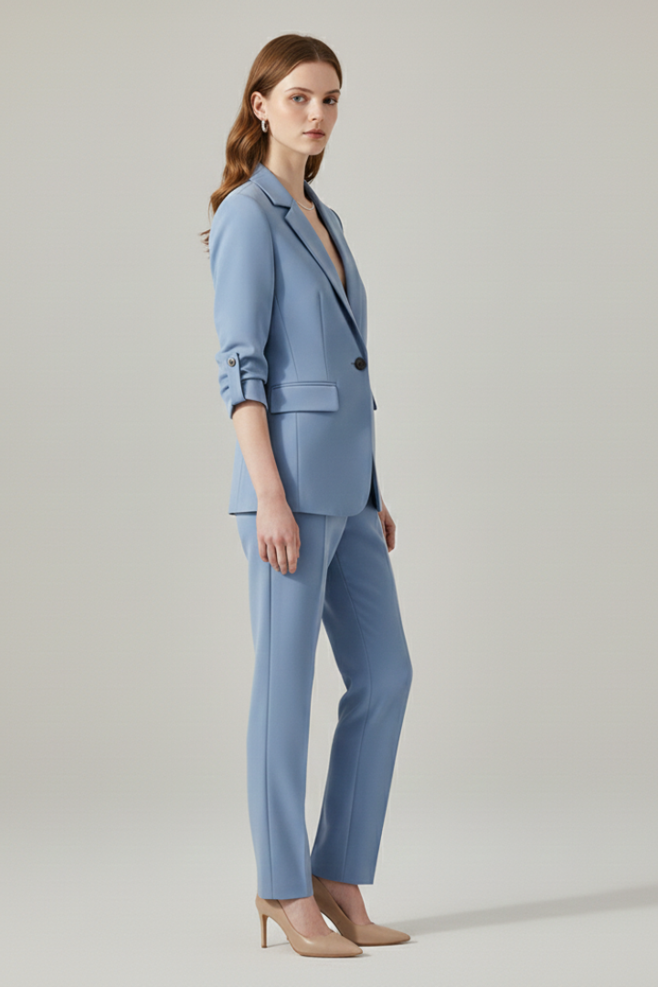 Women’s blazer set with notched lapel and straight-leg trousers, stylish formal wear from THE WHITMORE FAMILY.