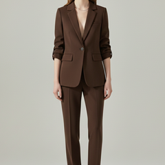 Women’s blazer set with notched lapel and straight-leg trousers, stylish formal outfit by THE WHITMORE FAMILY.
