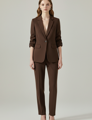 Women’s blazer set with notched lapel and straight-leg trousers, stylish formal outfit by THE WHITMORE FAMILY.