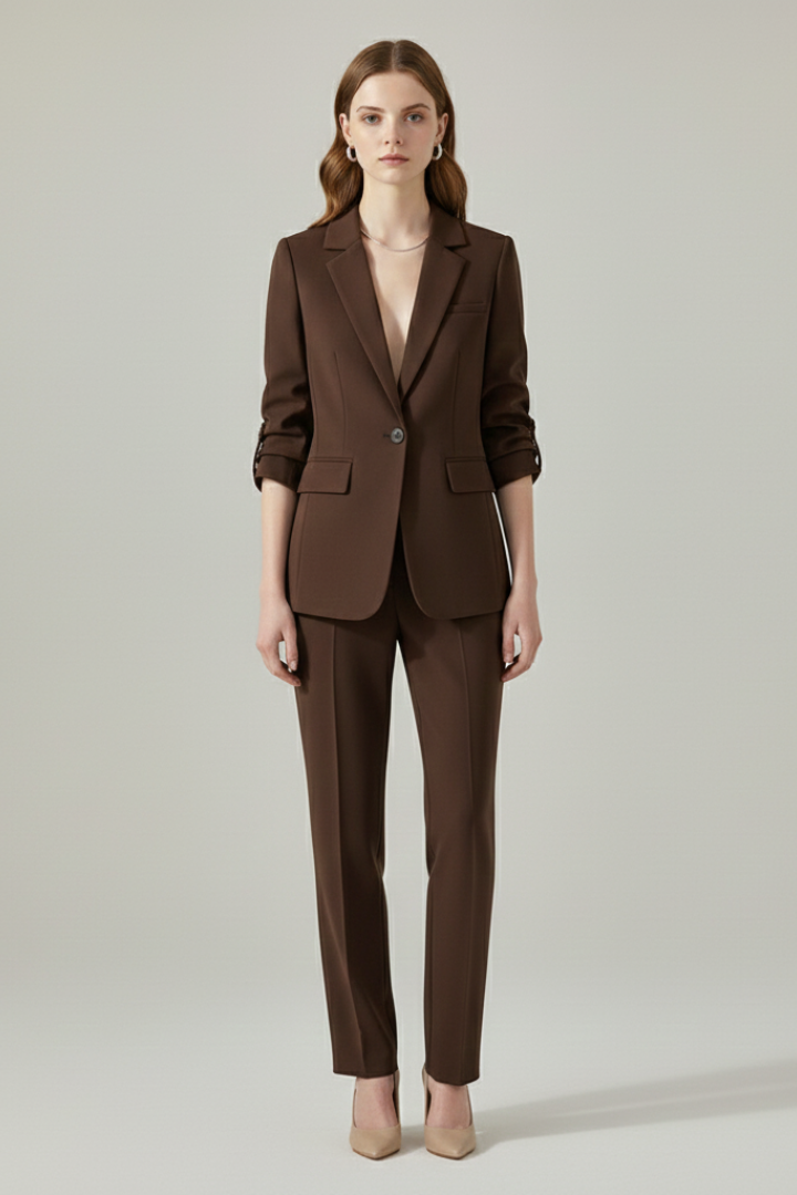 Women’s blazer set with notched lapel and straight-leg trousers, stylish formal outfit by THE WHITMORE FAMILY.